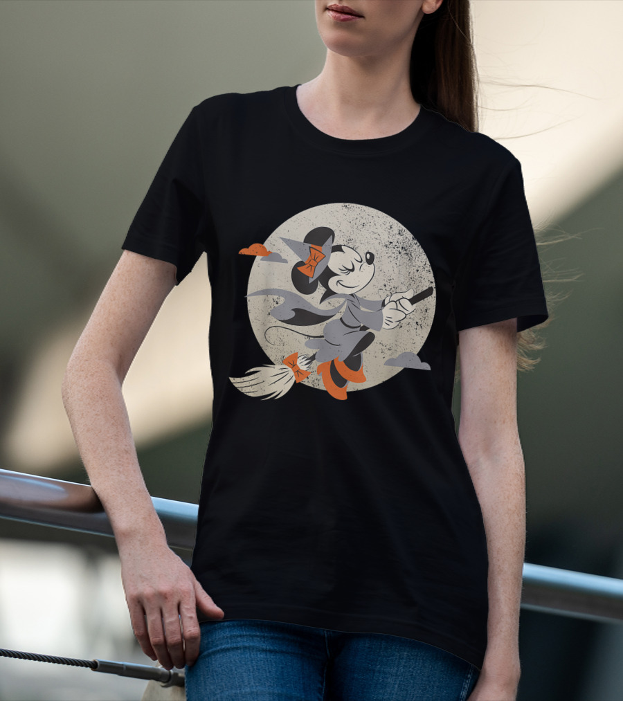 Minnie Mouse Disney Witch Flying On Broomstick Halloween Moon Scene T-Shirt