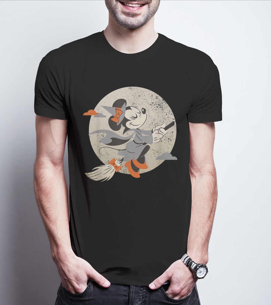 Minnie Mouse Disney Witch Flying On Broomstick Halloween Moon Scene T-Shirt