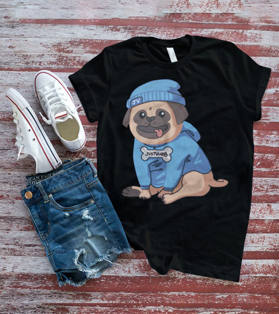 Justvurb JV Pug Dog In Blue Hoodie And Beanie T-Shirt