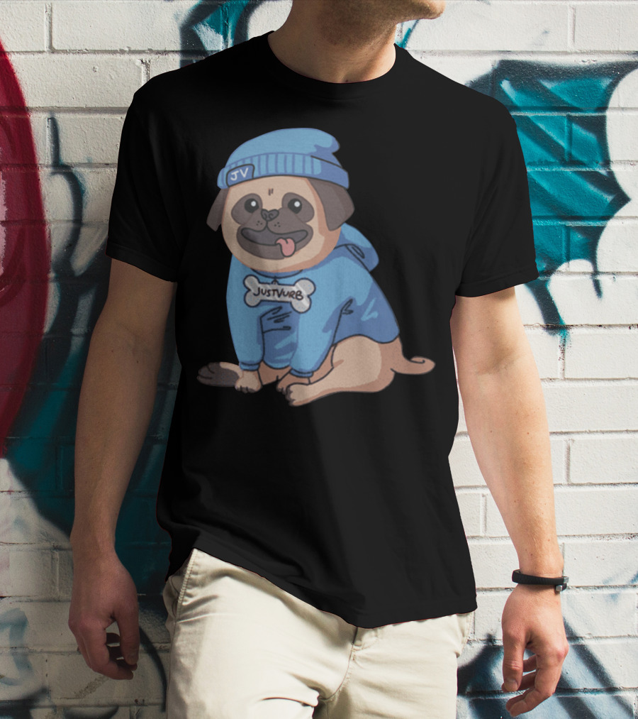 Justvurb JV Pug Dog In Blue Hoodie And Beanie T-Shirt
