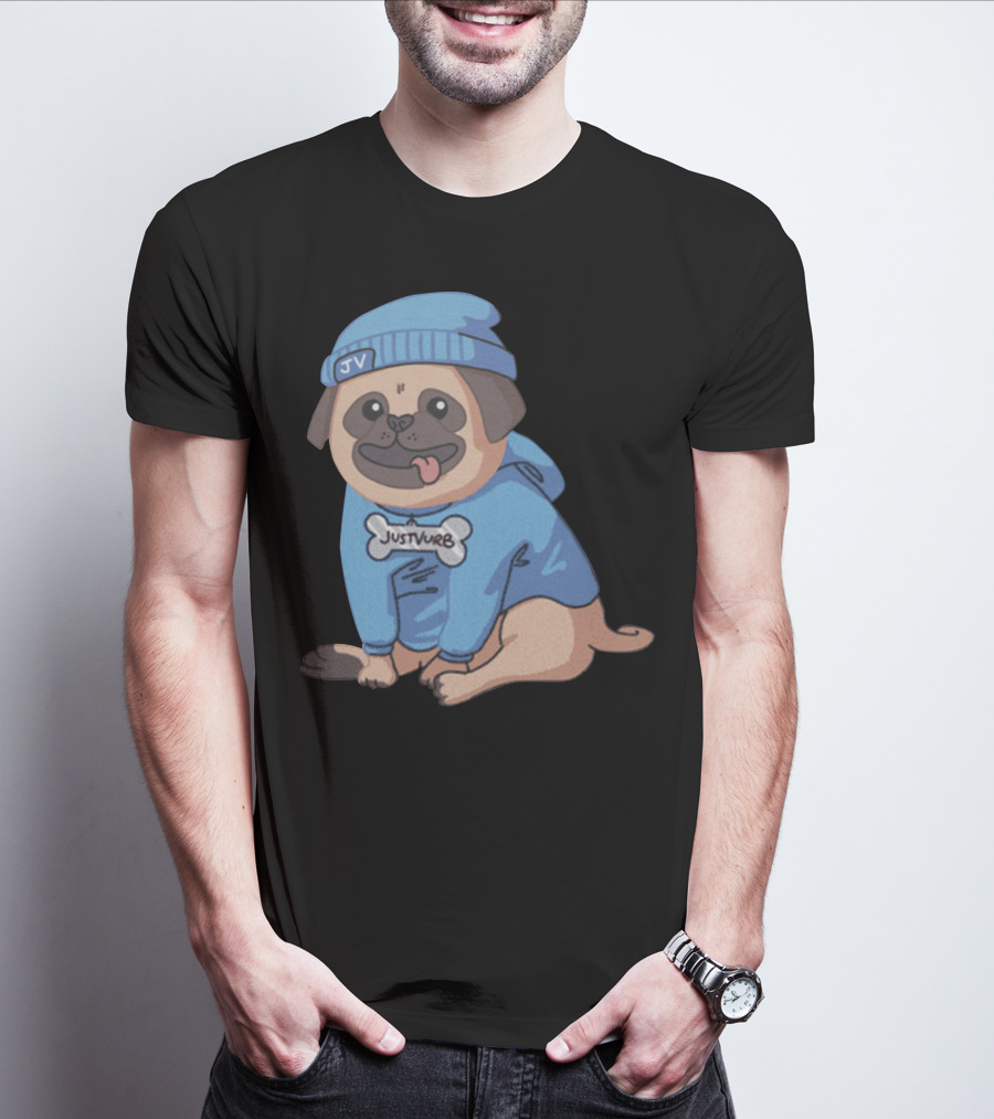 Justvurb JV Pug Dog In Blue Hoodie And Beanie T-Shirt