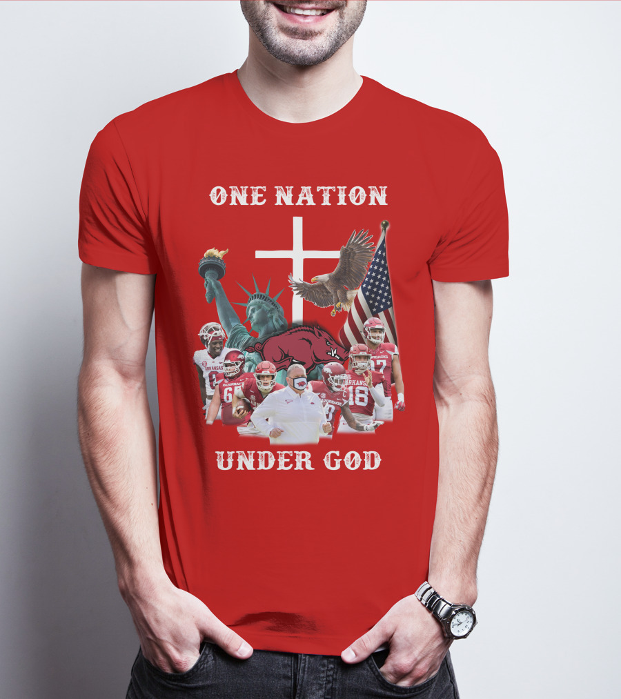 ONE NATION UNDER GOD Arkansas Razorbacks Football Liberty Statue Eagle Flag T-Shirt