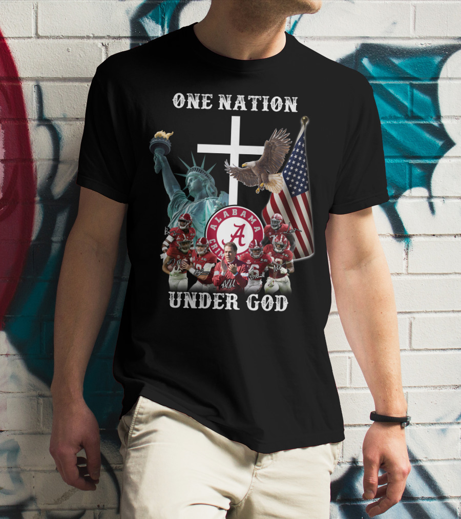 One Nation Under God Alabama Crimson Tide Football Statue Of Liberty American Flag Eagle T-Shirt