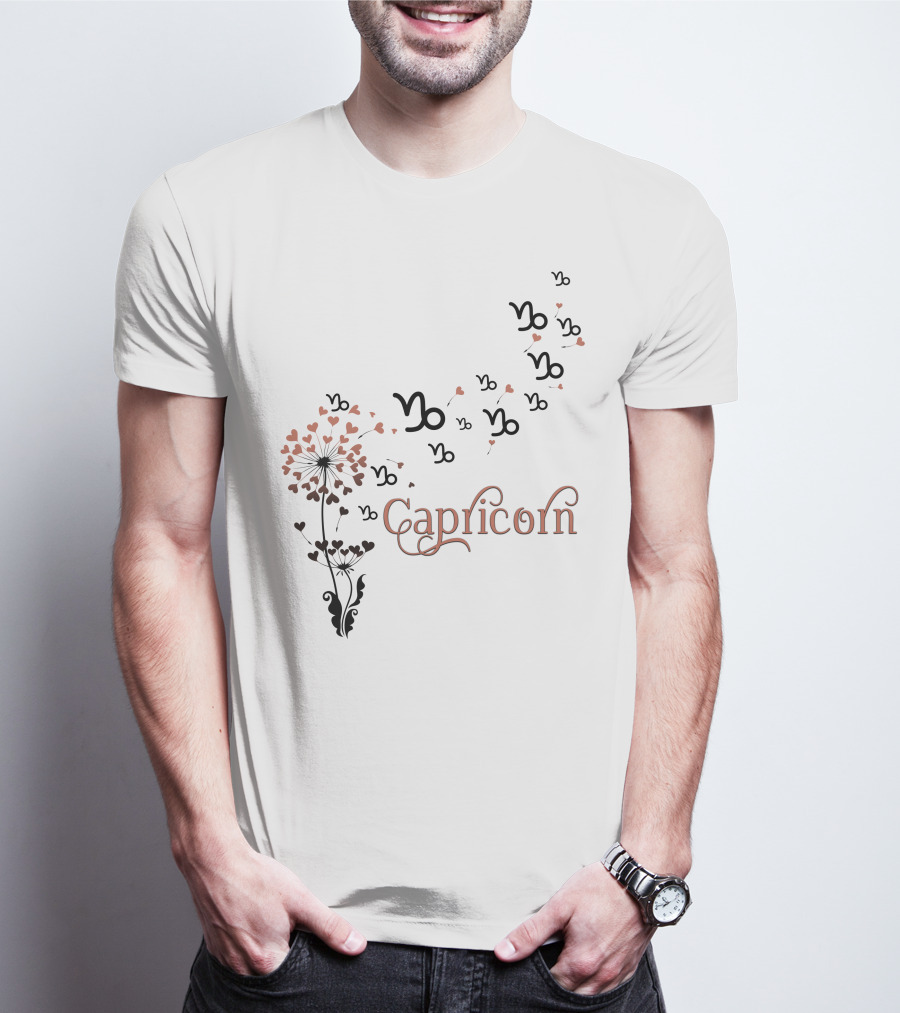 Capricorn Zodiac Sign With Heart Flower And Symbol Motif T-Shirt