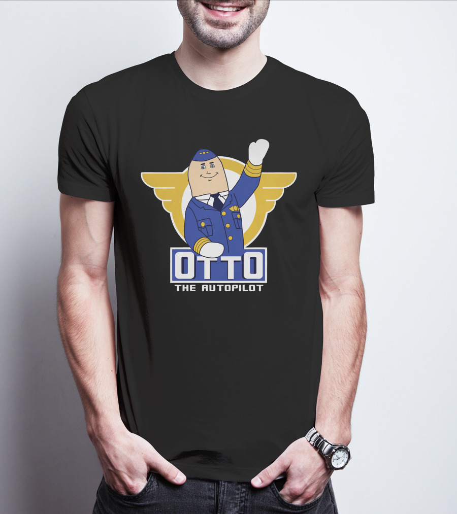 Airplane Movie Otto The Autopilot Waving With Pilot Wings T-Shirt