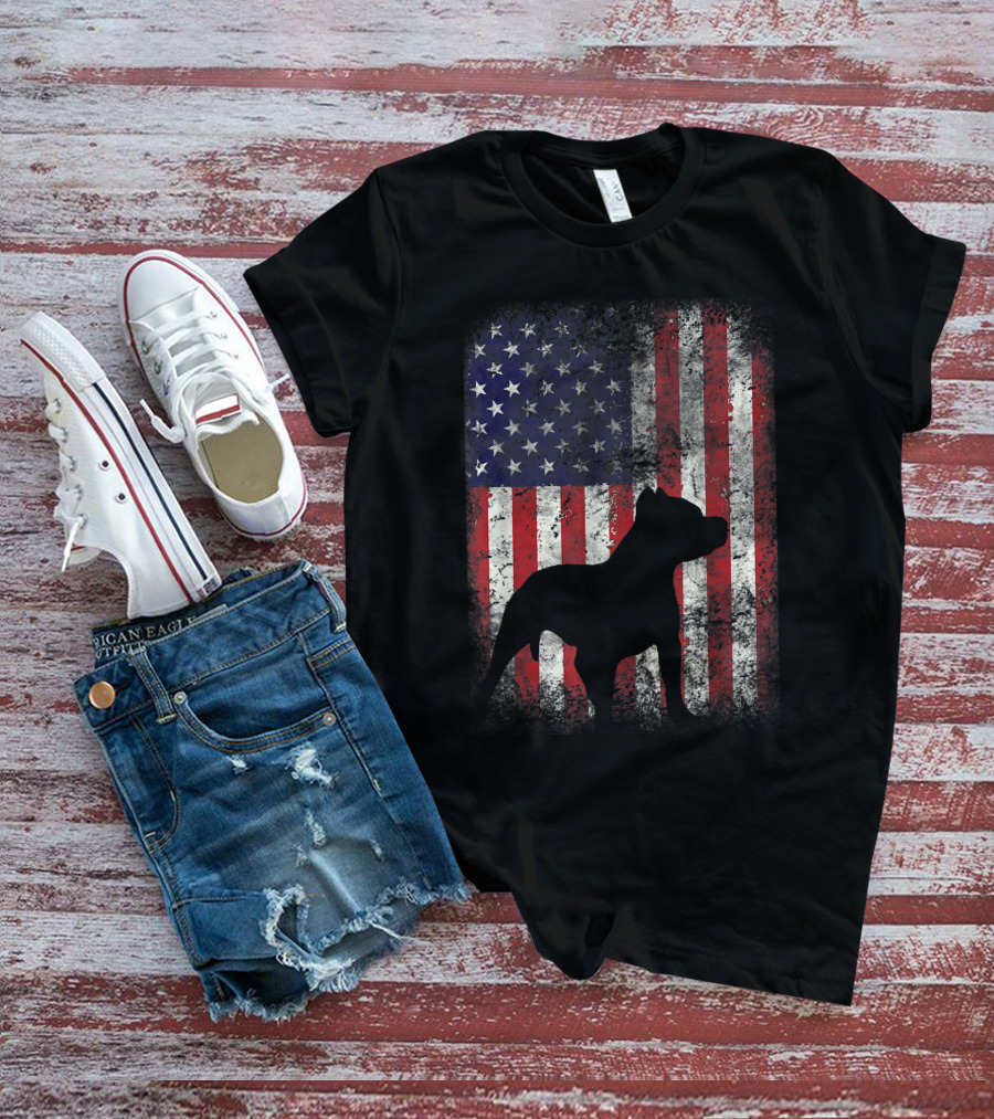 Pitbull Silhouette Against American Flag USA Patriotic T-Shirt