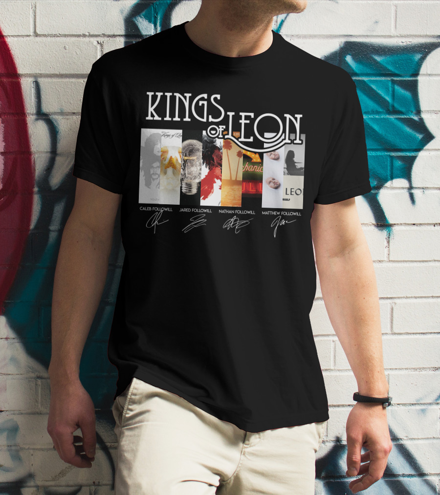 Kings Of Leon Youth And Young Manhood Album Covers With Caleb Jared Nathan Matthew Followill Signatures T-Shirt