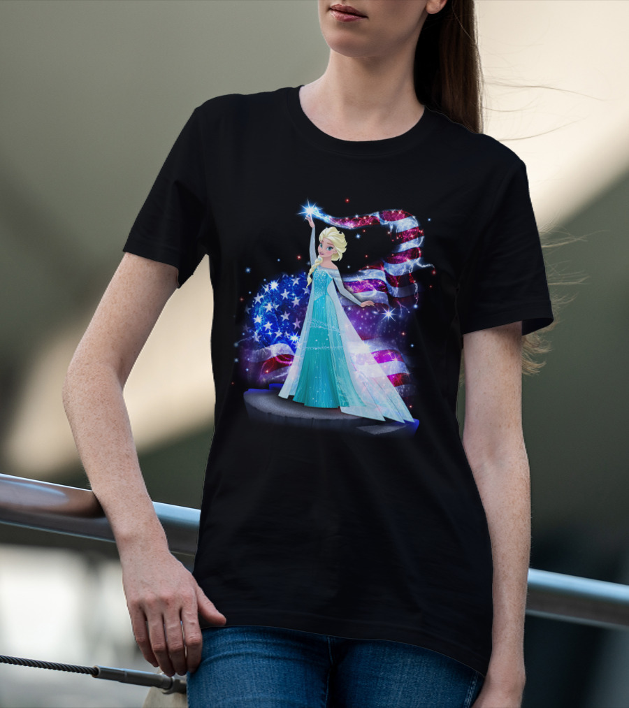 Frozen Elsa Sparkling American Flag Fourth Of July T-Shirt