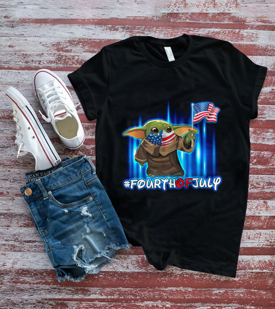 FOURTHOFJULY Baby Yoda With American Flag T-Shirt