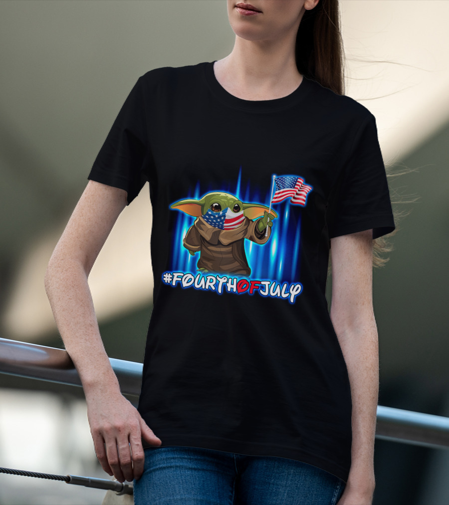 FOURTHOFJULY Baby Yoda With American Flag T-Shirt