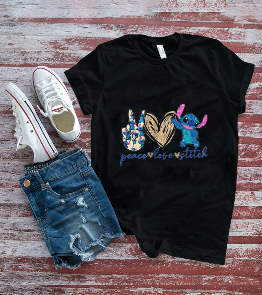 Peace Love Stitch Glittery Heart And Peace Sign T-Shirt