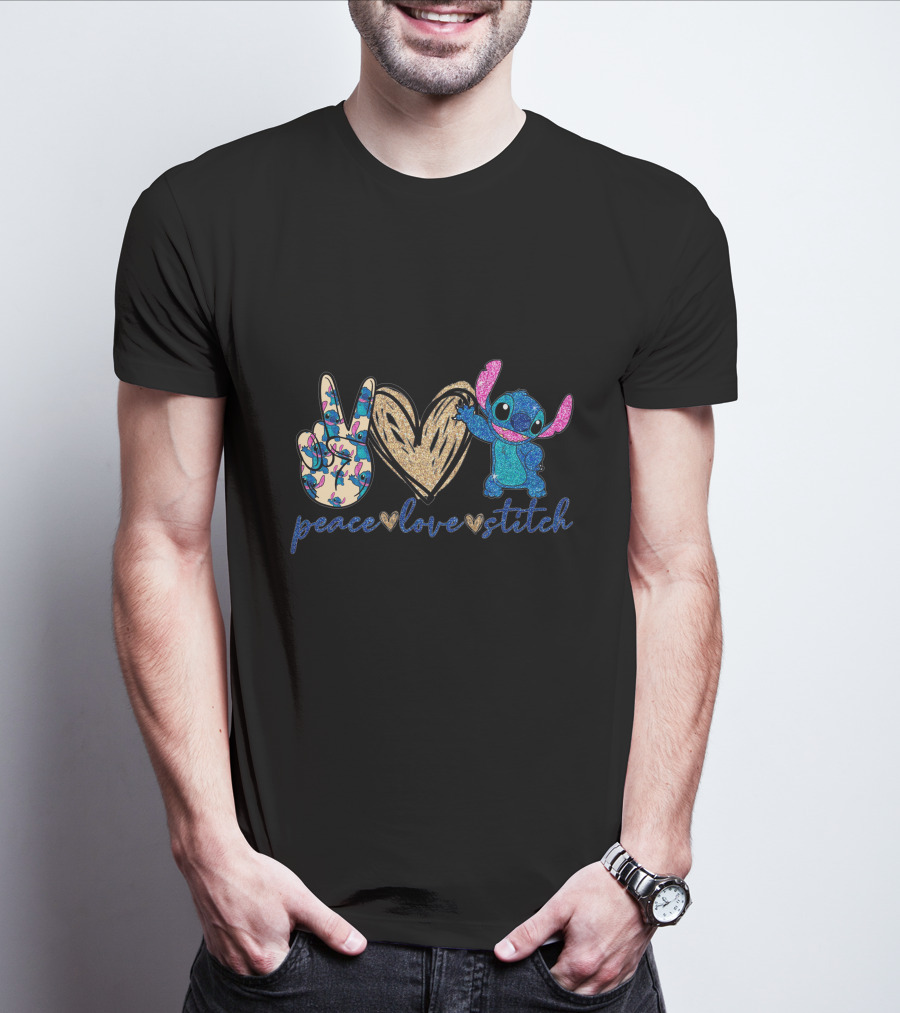 Peace Love Stitch Glittery Heart And Peace Sign T-Shirt