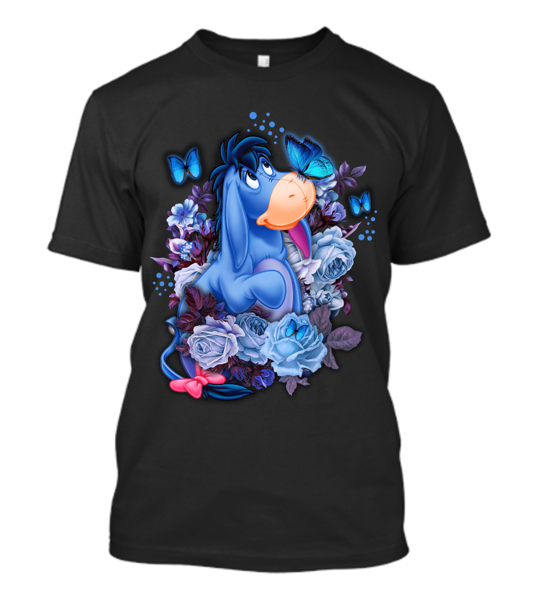 Eeyore Surrounded By Blue Flowers And Butterflies T-Shirt