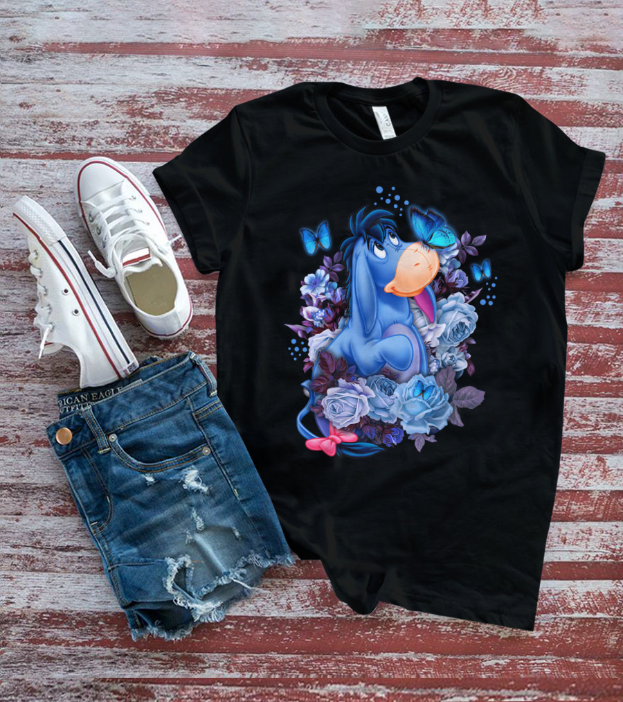 Eeyore Surrounded By Blue Flowers And Butterflies T-Shirt