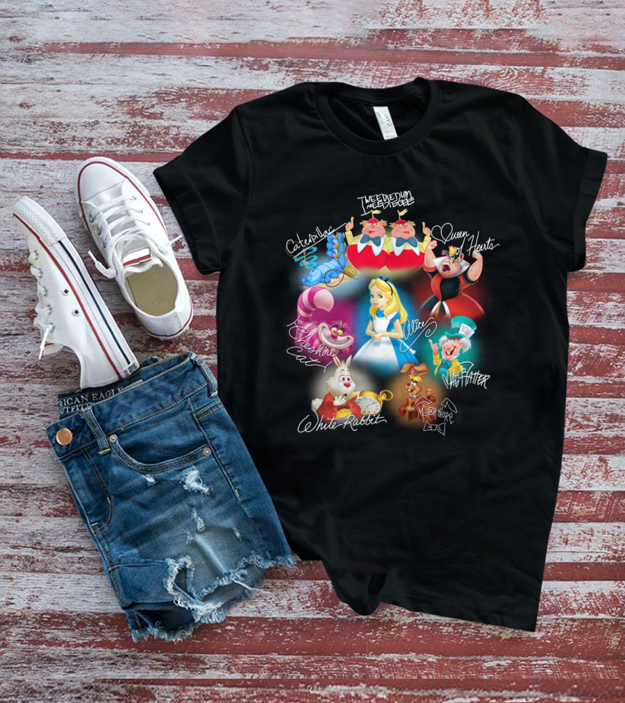 Alice Tweedledee Tweedledum Queen Hearts Cheshire Cat White Rabbit Mad Hatter Caterpillar March Hare Signatures T-Shirt