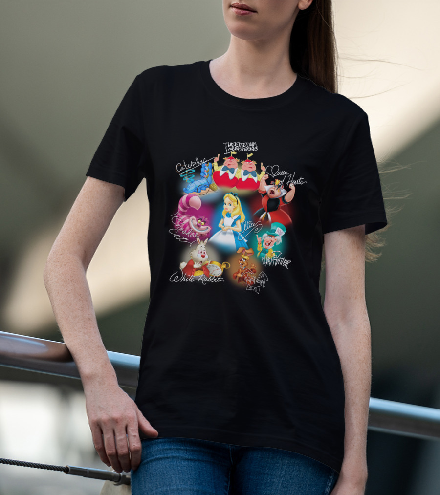Alice Tweedledee Tweedledum Queen Hearts Cheshire Cat White Rabbit Mad Hatter Caterpillar March Hare Signatures T-Shirt