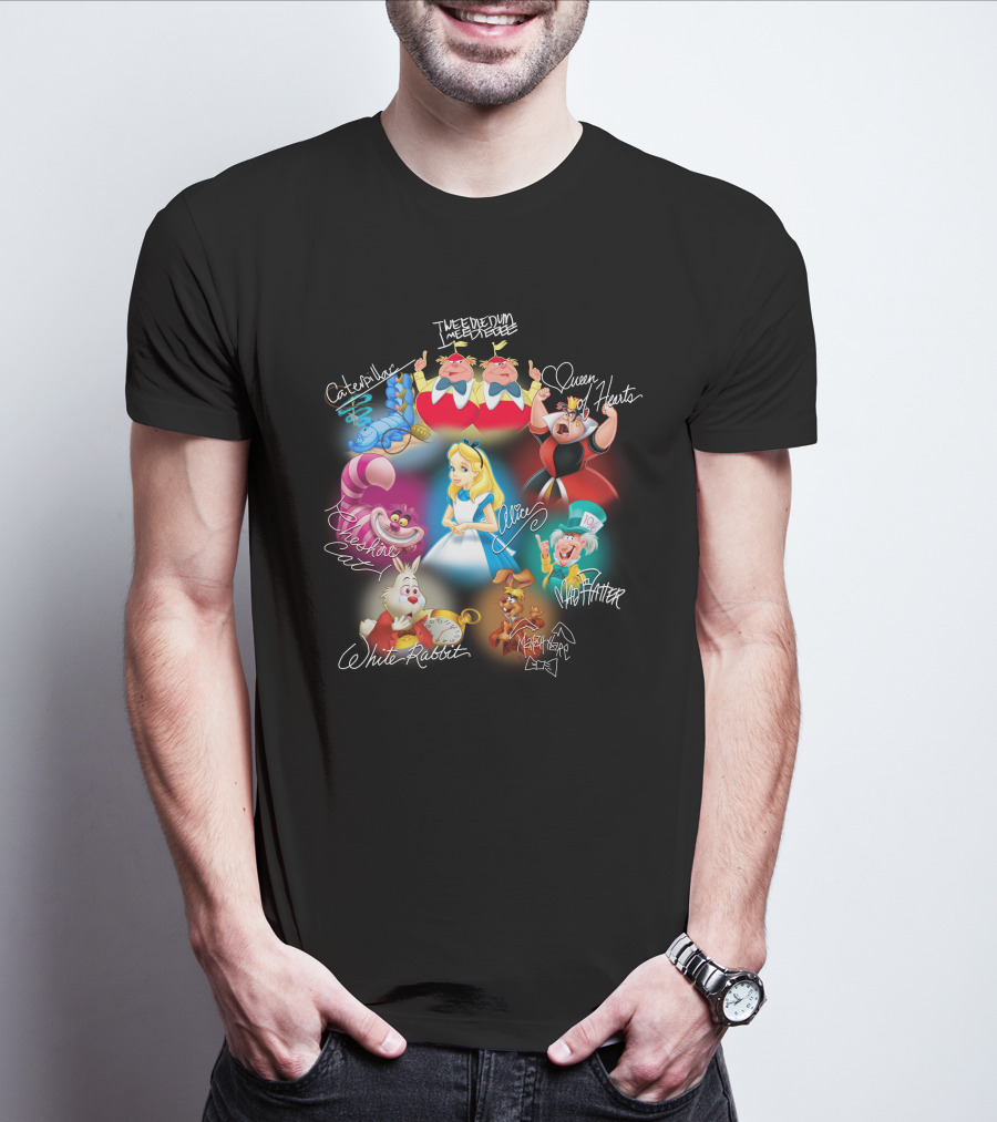 Alice Tweedledee Tweedledum Queen Hearts Cheshire Cat White Rabbit Mad Hatter Caterpillar March Hare Signatures T-Shirt