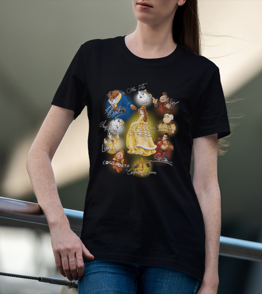 Belle Beast Mrs. Potts Chip Lumiere Cogsworth Enchanted Broom Gaston Maurice Lefou T-Shirt