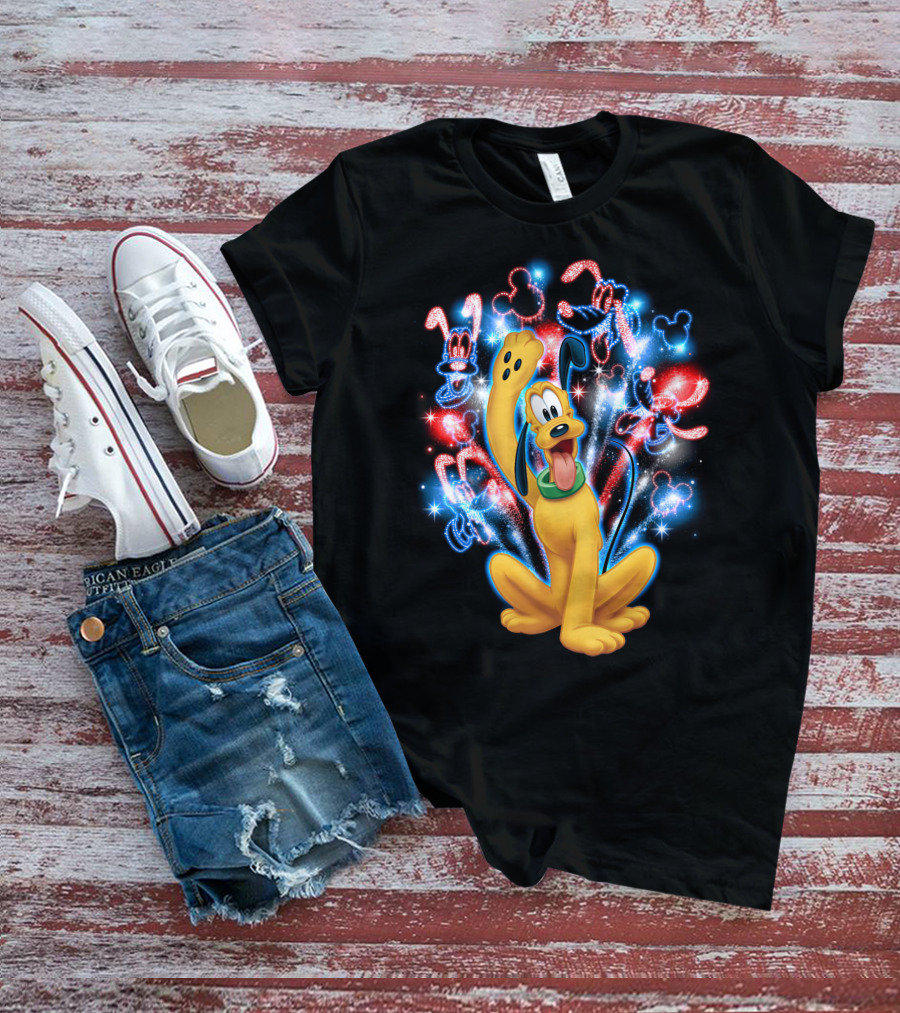 Pluto Disney Fireworks With Mickey Mouse Outlines T-Shirt