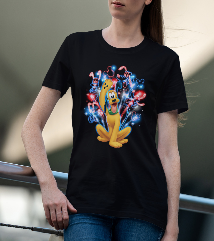 Pluto Disney Fireworks With Mickey Mouse Outlines T-Shirt