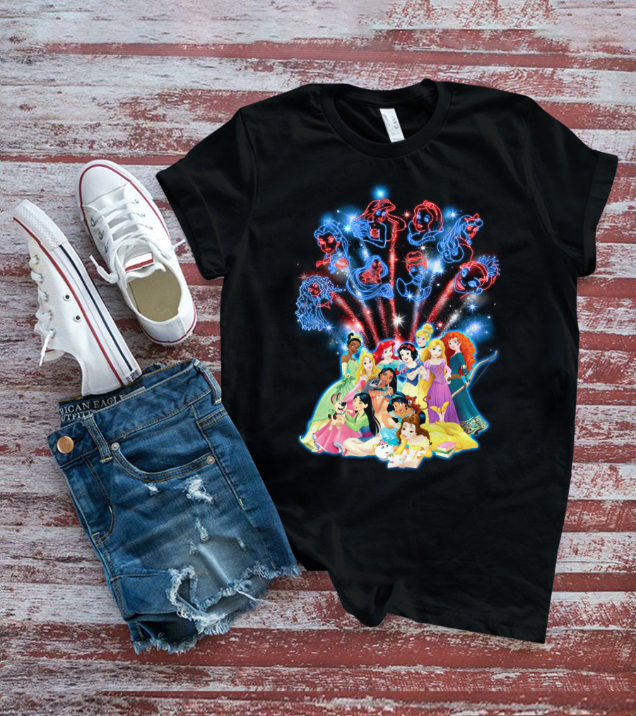 Disney Princess Characters And Fireworks T-Shirt