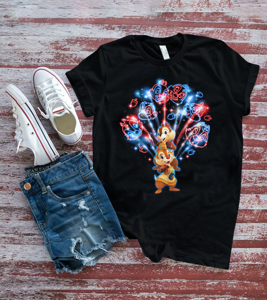 Chip N Dale Red And Blue Firework Display With Chipmunk Faces T-Shirt