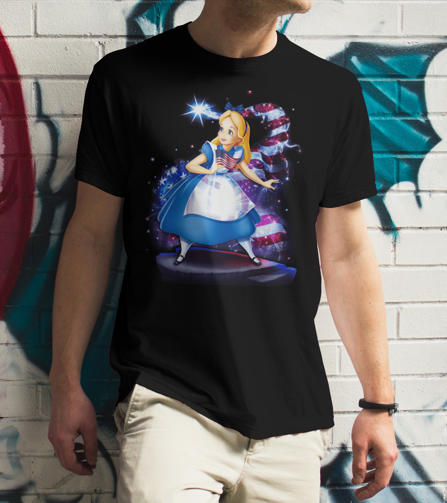 Alice Holding American Flag In Wonderland With Stars And Stripes Background T-Shirt