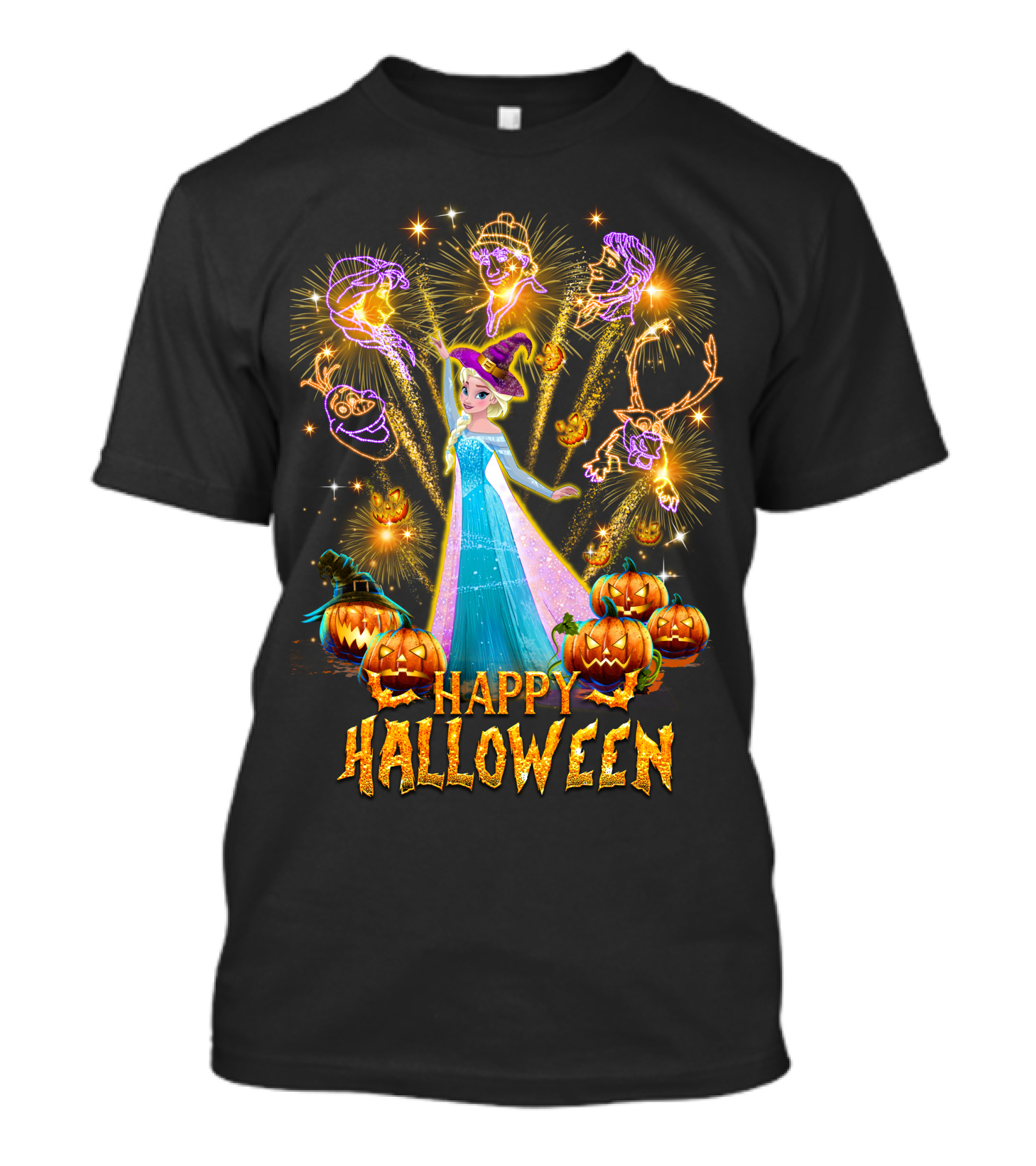 Elsa Happy Halloween With Fireworks And Pumpkins T-Shirt