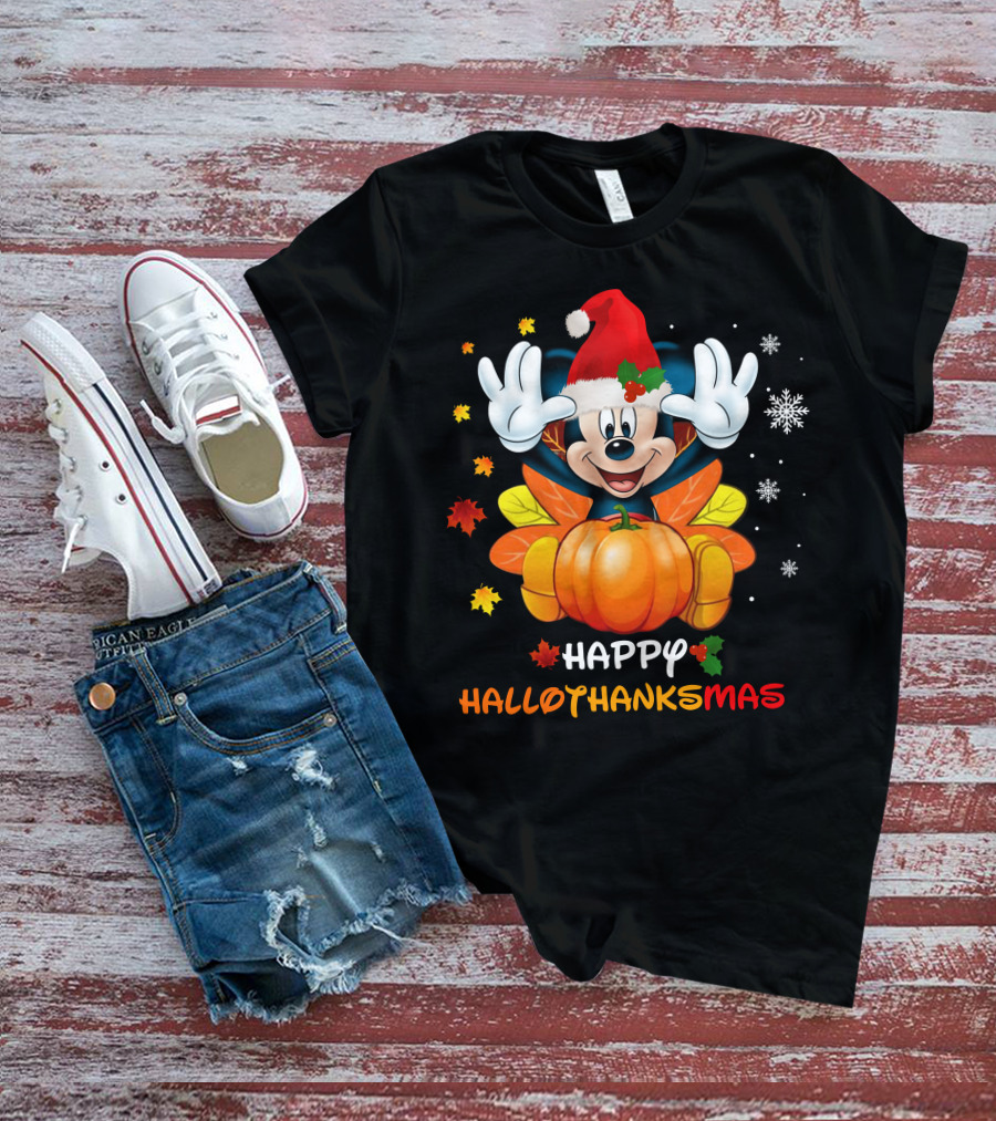 Happy Mickey Hallothankmas Pumpkin Snowflakes Leaves Santa Hat T-Shirt