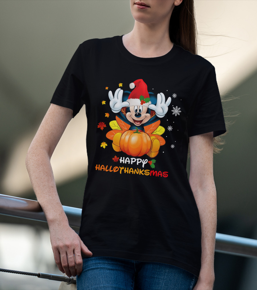 Happy Mickey Hallothankmas Pumpkin Snowflakes Leaves Santa Hat T-Shirt