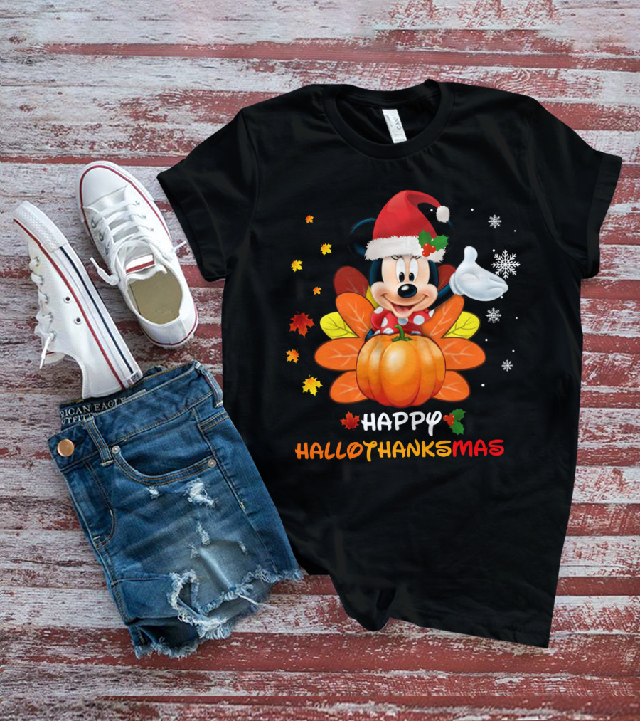 Happy Hallothankmas Minnie With Pumpkin And Santa Hat T-Shirt