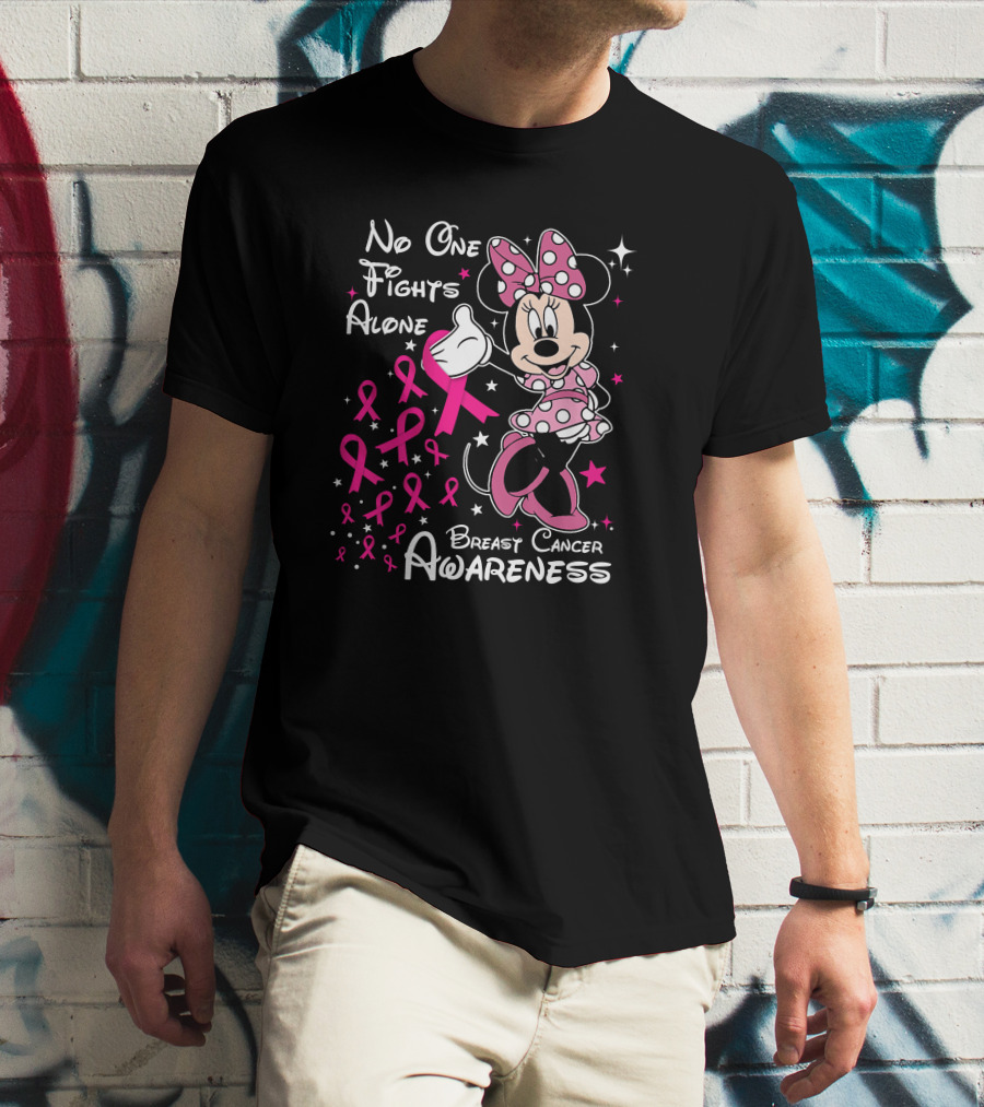 No One Fights Alone Breast Cancer Awareness Minnie Mouse Pink T-Shirt