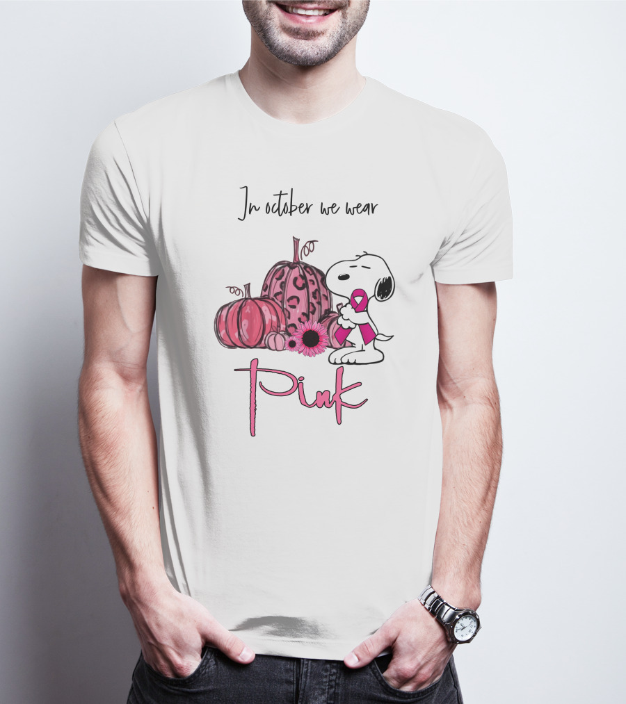 In October We Wear Pink With Peanuts Character Holding Ribbon And Pumpkins T-Shirt
