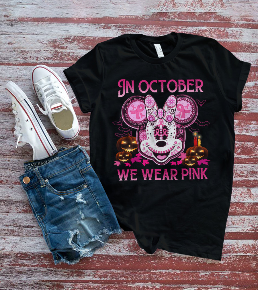 In October We Wear Pink Minnie Mouse Breast Cancer Awareness Halloween T-Shirt