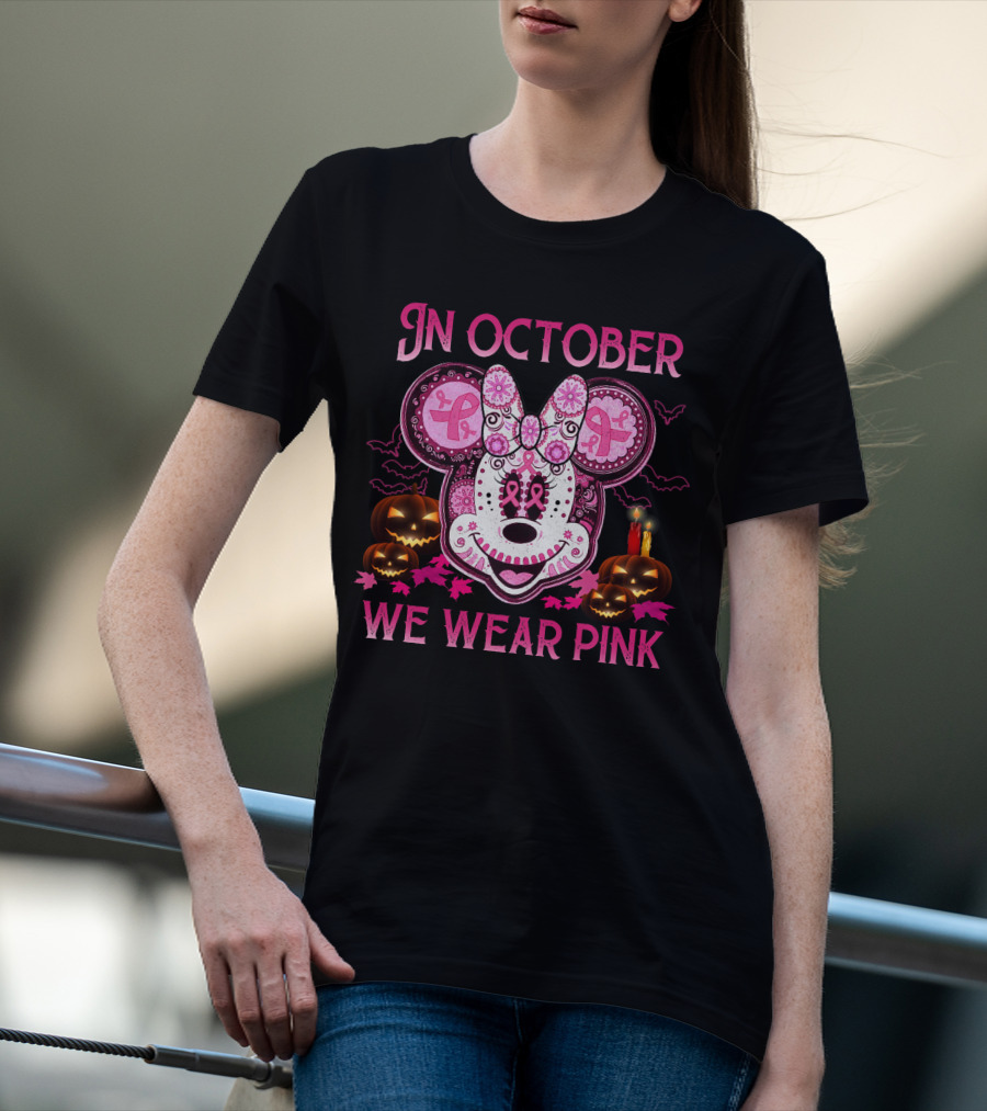 In October We Wear Pink Minnie Mouse Breast Cancer Awareness Halloween T-Shirt