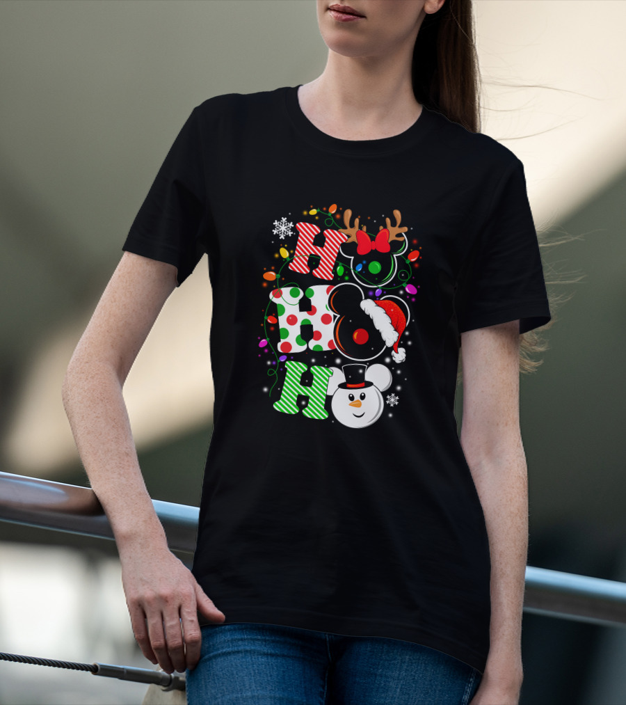 HHH Christmas Ho Ho Ho Disney Snowman Reindeer Ears Santa Hat Lights Bow T-Shirt