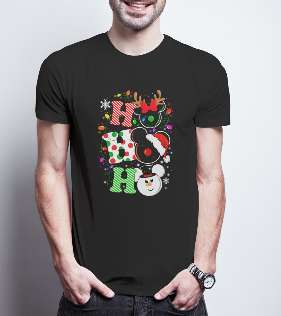 HHH Christmas Ho Ho Ho Disney Snowman Reindeer Ears Santa Hat Lights Bow T-Shirt