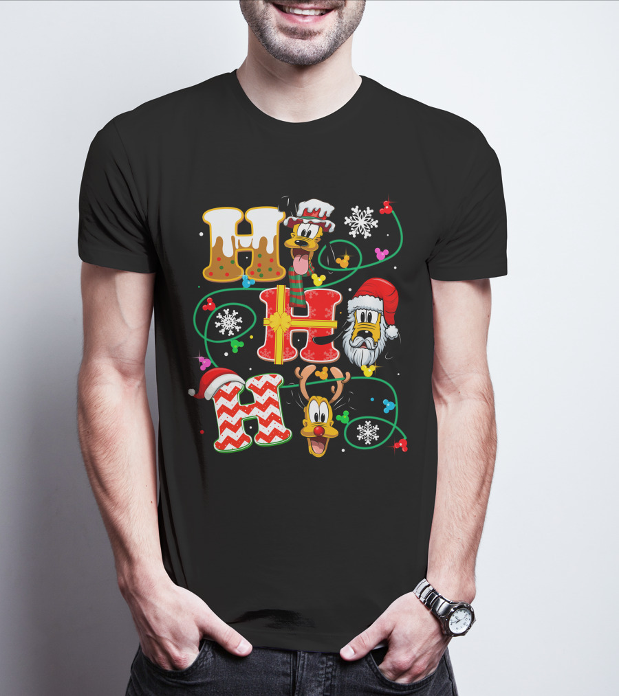 PLU HHH Christmas Goofy Dog With Santa Hats And Snowflakes T-Shirt