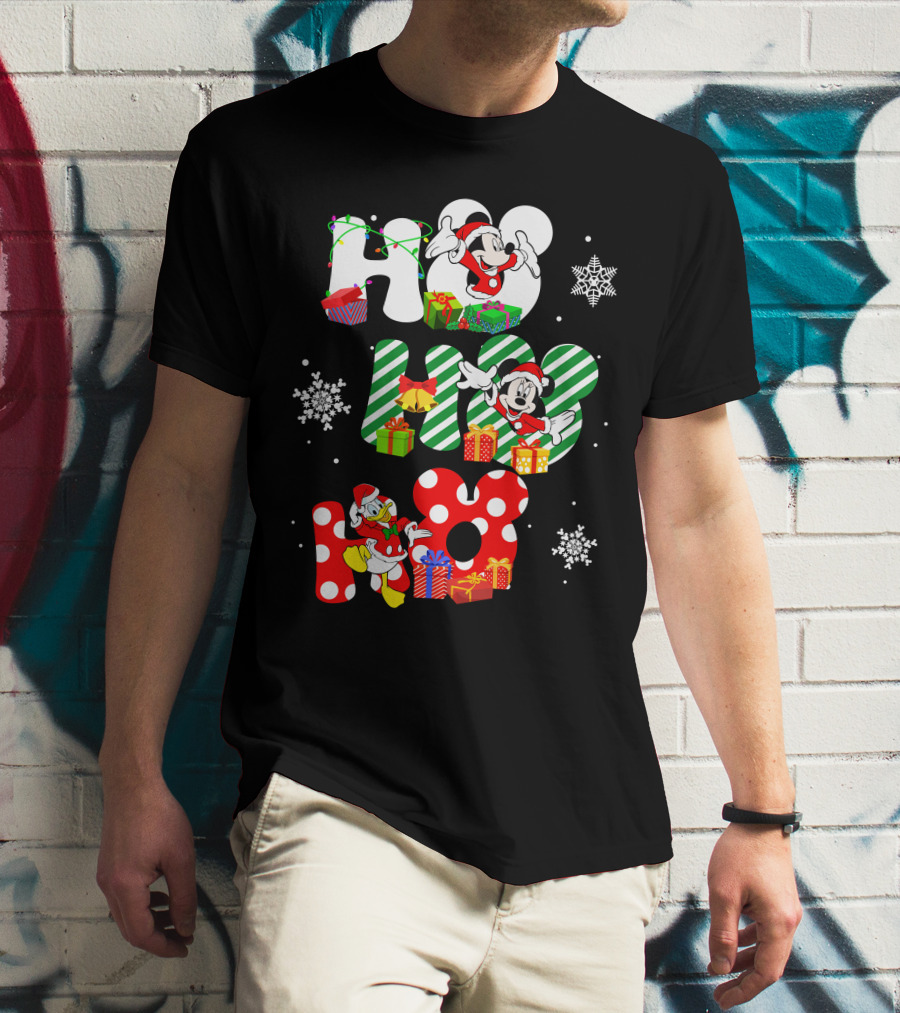 Mickey Mouse And Donald Duck Ho Ho Ho Christmas Snowflakes And Presents T-Shirt