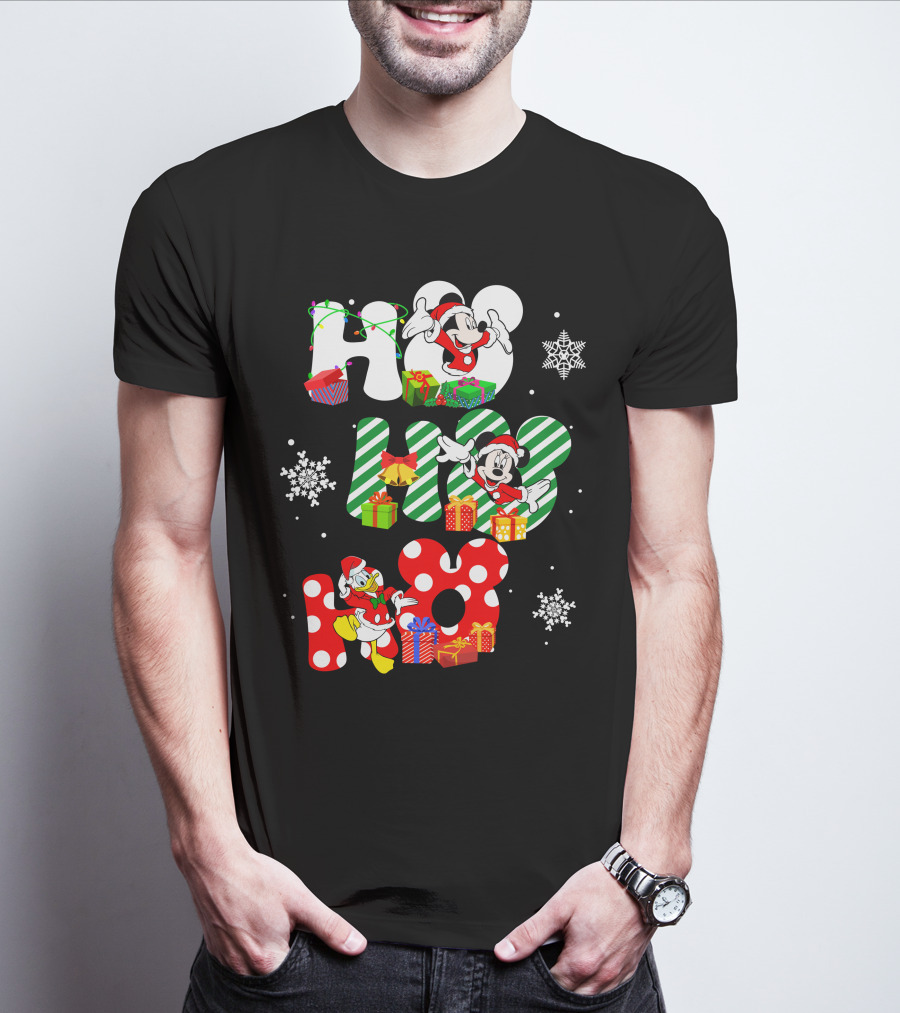 Mickey Mouse And Donald Duck Ho Ho Ho Christmas Snowflakes And Presents T-Shirt