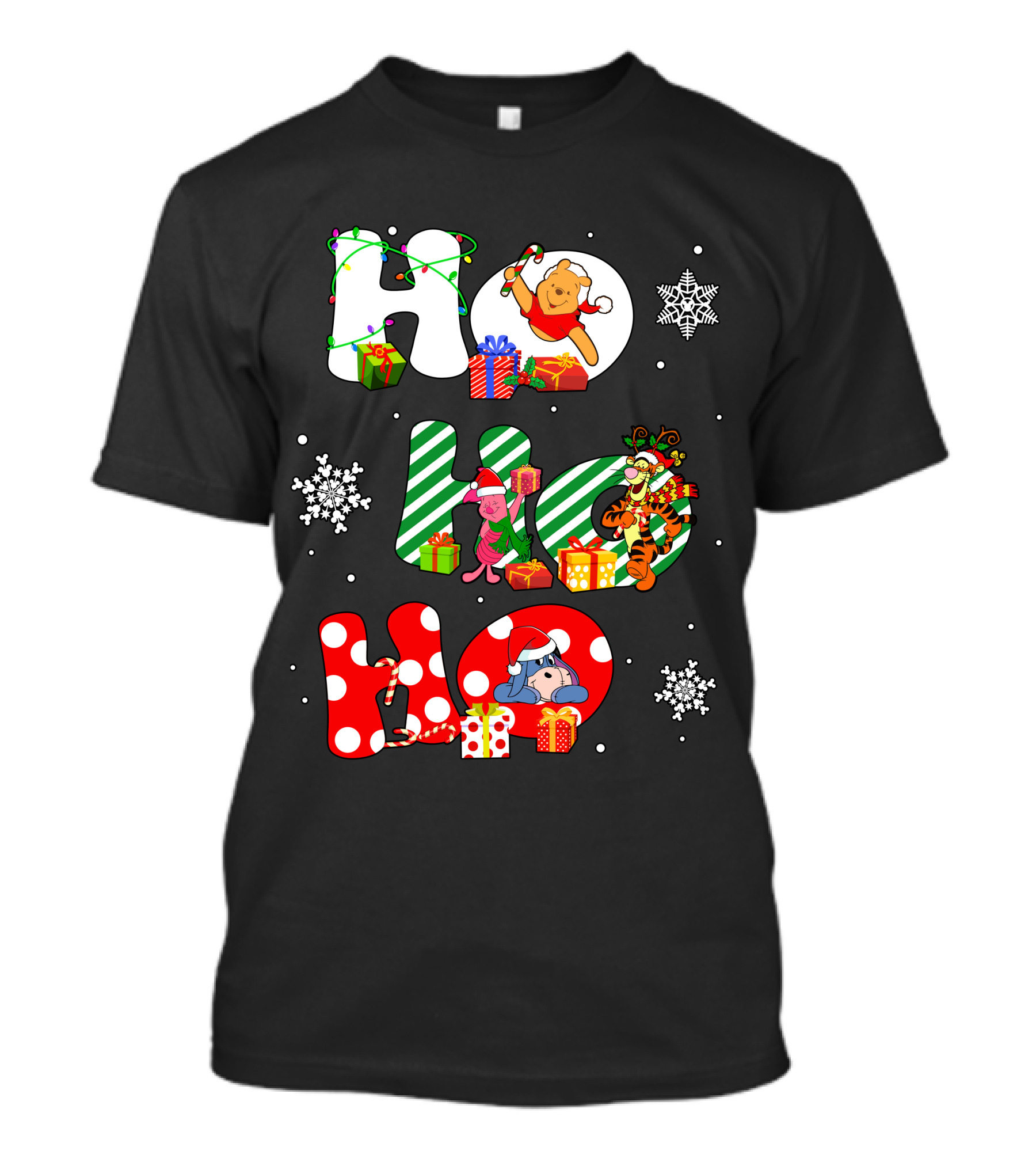 Ho Ho Ho Christmas Winnie The Pooh With Piglet Tigger Eeyore Holiday Snowflakes And Gifts T-Shirt