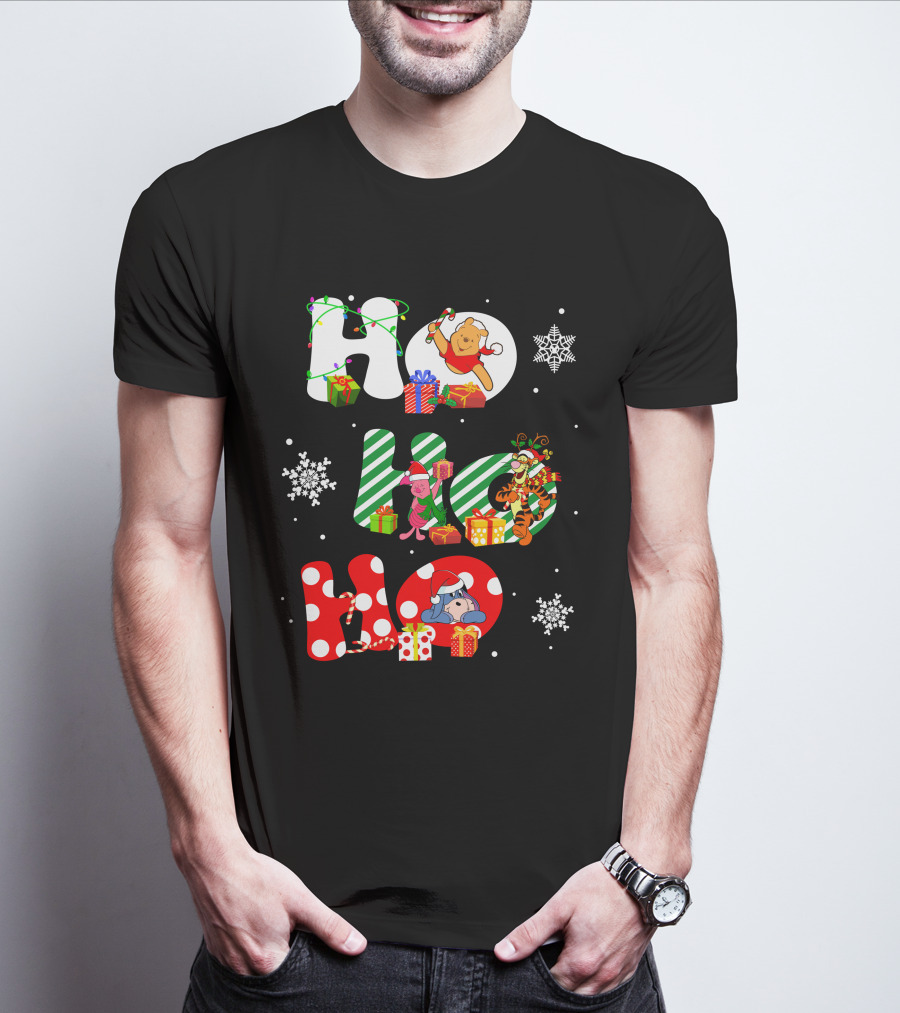 Ho Ho Ho Christmas Winnie The Pooh With Piglet Tigger Eeyore Holiday Snowflakes And Gifts T-Shirt