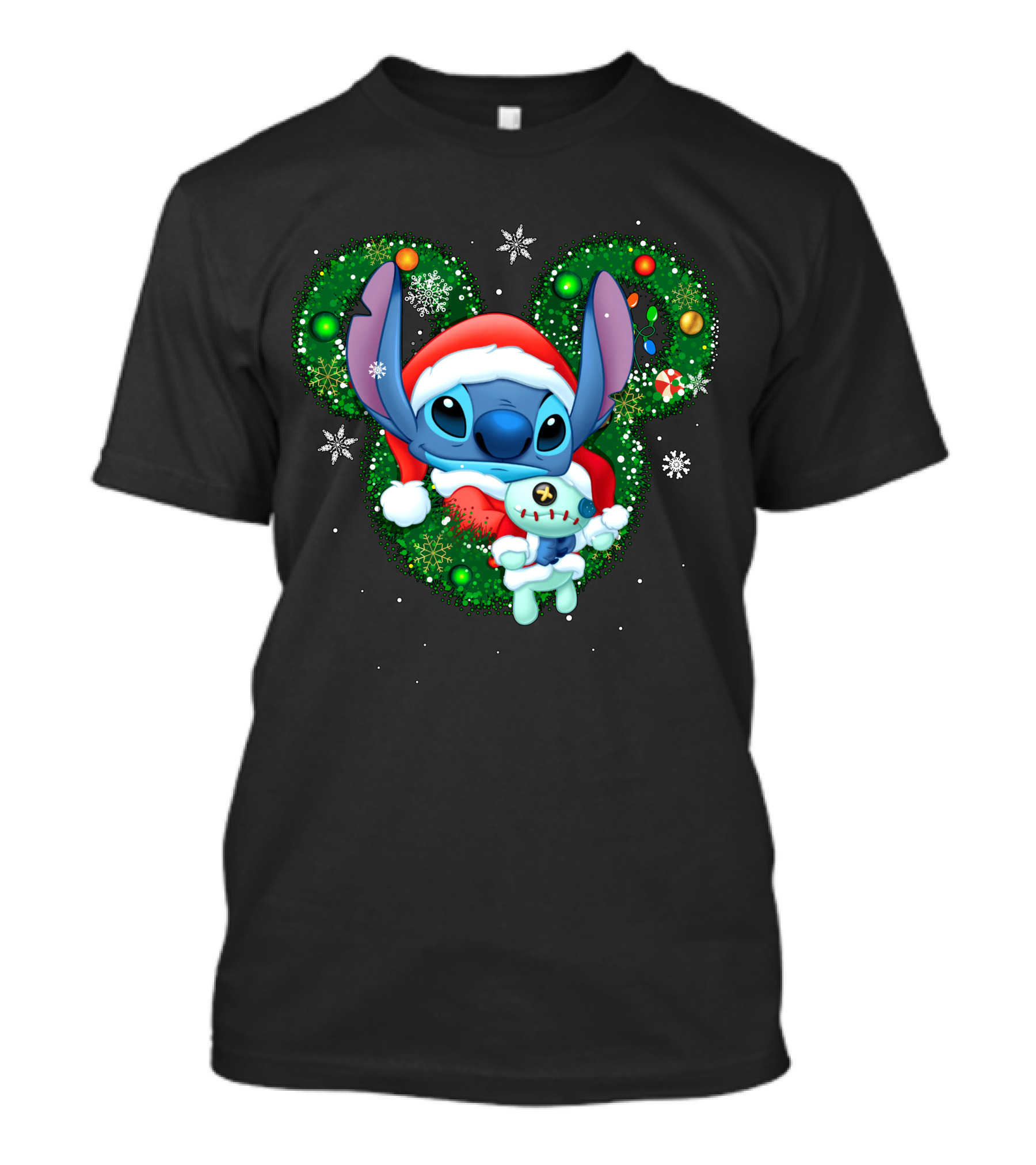 Stitch Christmas Santa Hat Holiday Wreath Snowflakes T-Shirt