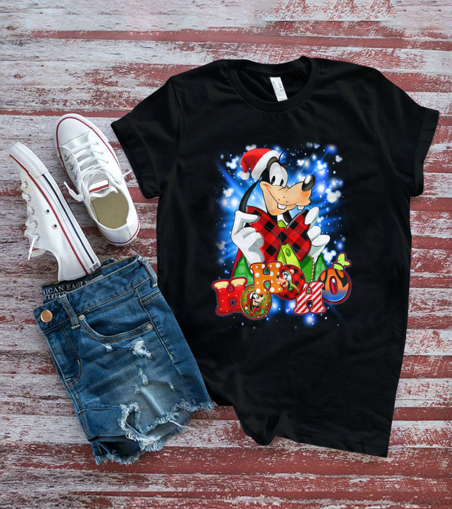 Goofy Hohoho Christmas Santa Hat Festive Bow Holiday Lights T-Shirt