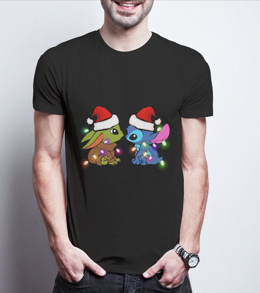 Baby Yoda And Stitch Christmas Lights Santa Hats T-Shirt