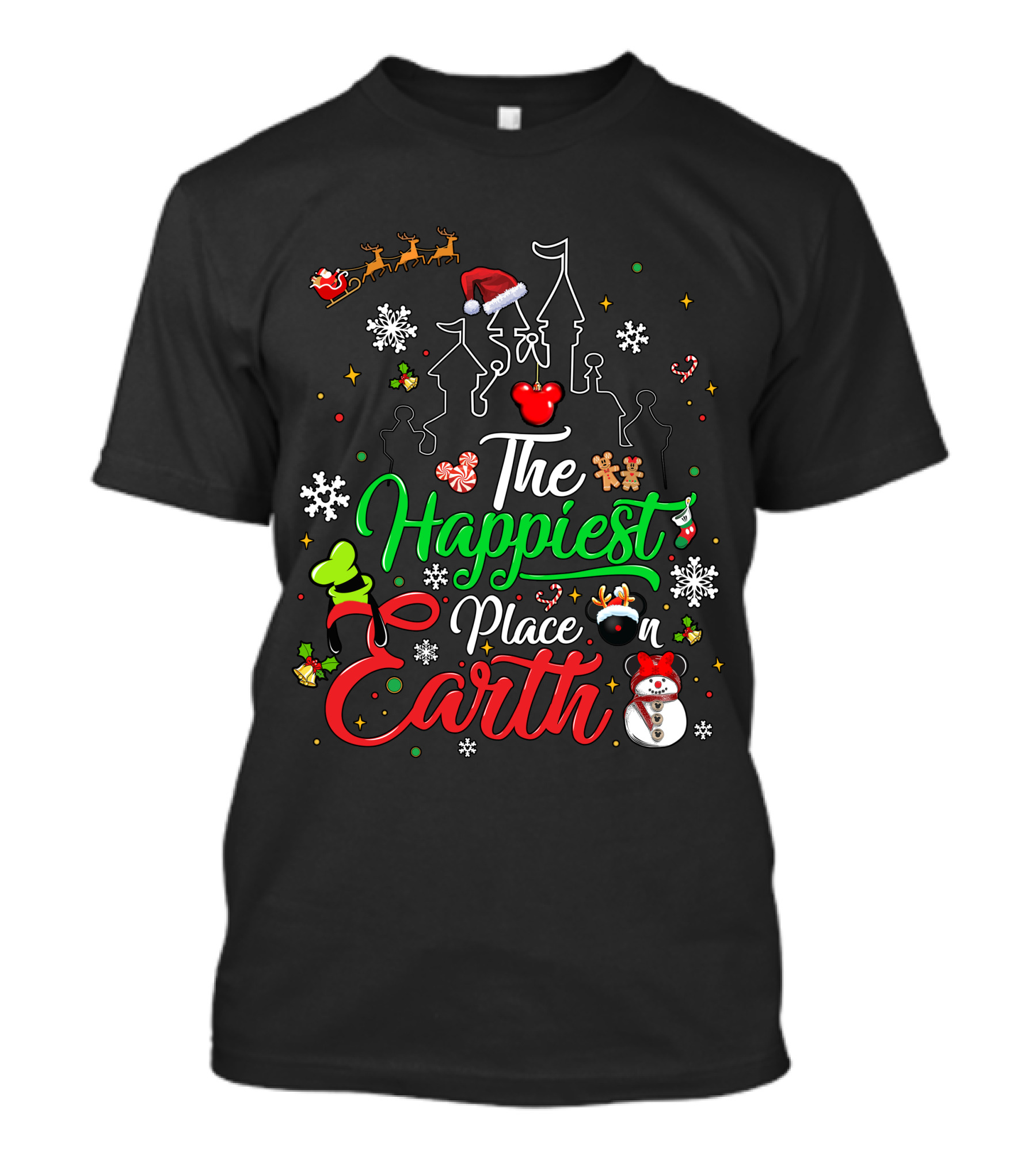 The Happiest Place On Earth Christmas Santa Snowman Gingerbread Reindeer Castle T-Shirt