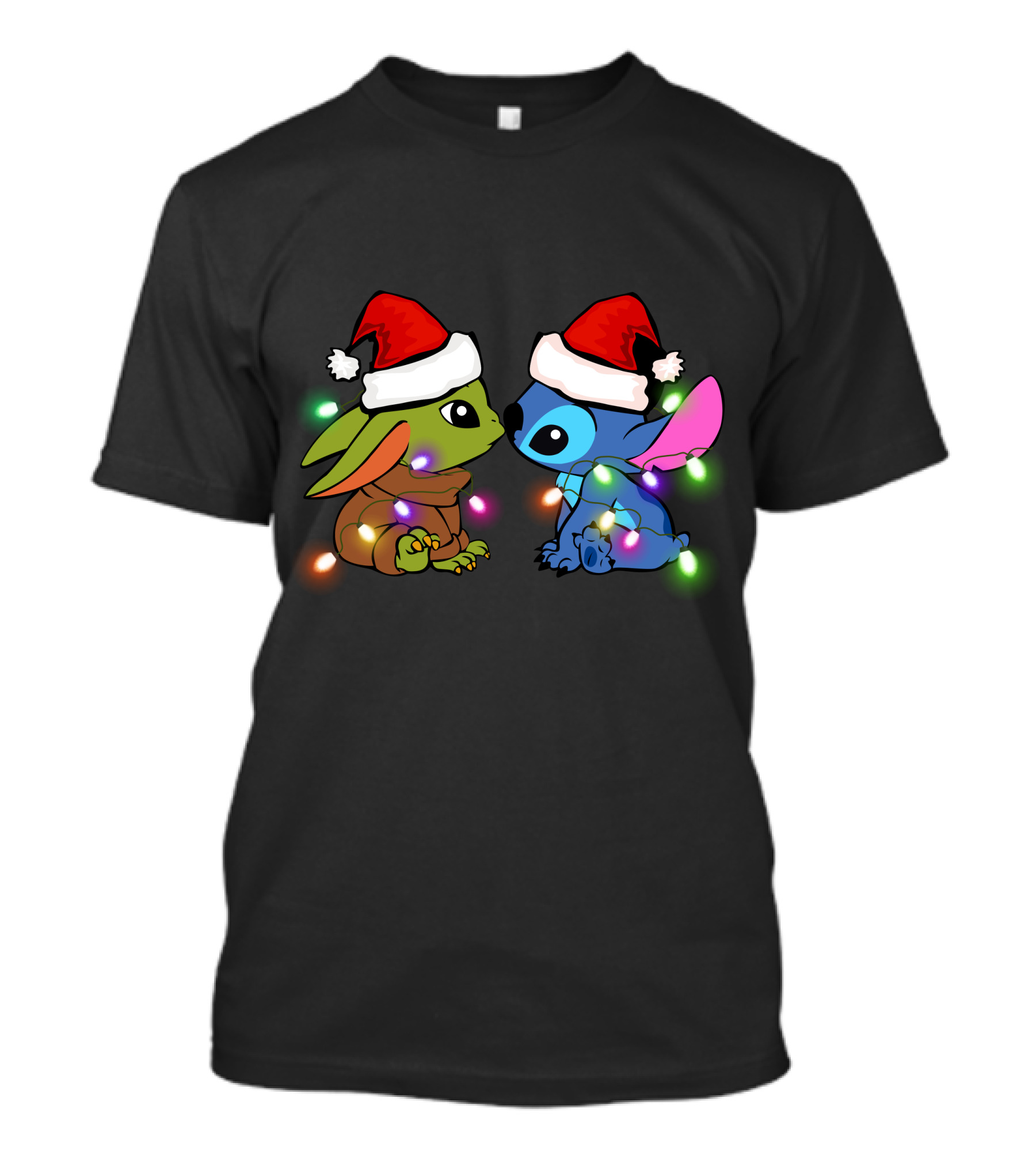 Santa Hat Baby Yoda And Stitch Christmas Lights T-Shirt