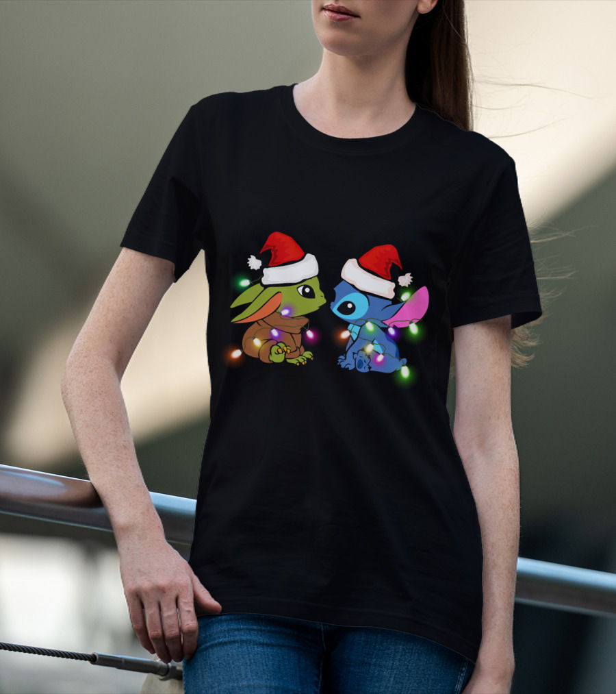 Santa Hat Baby Yoda And Stitch Christmas Lights T-Shirt