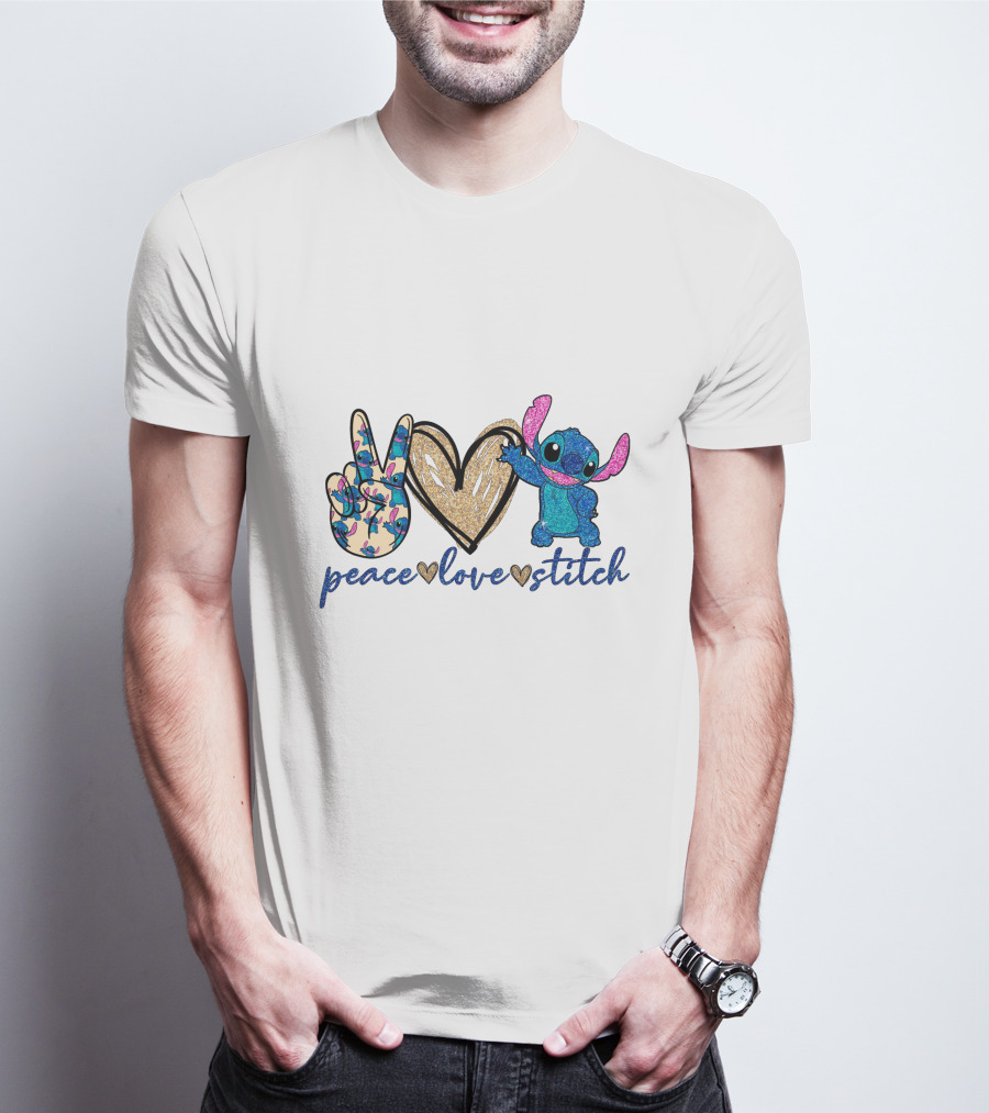 Peace Love Stitch Alien Character With Peace And Heart Symbols T-Shirt