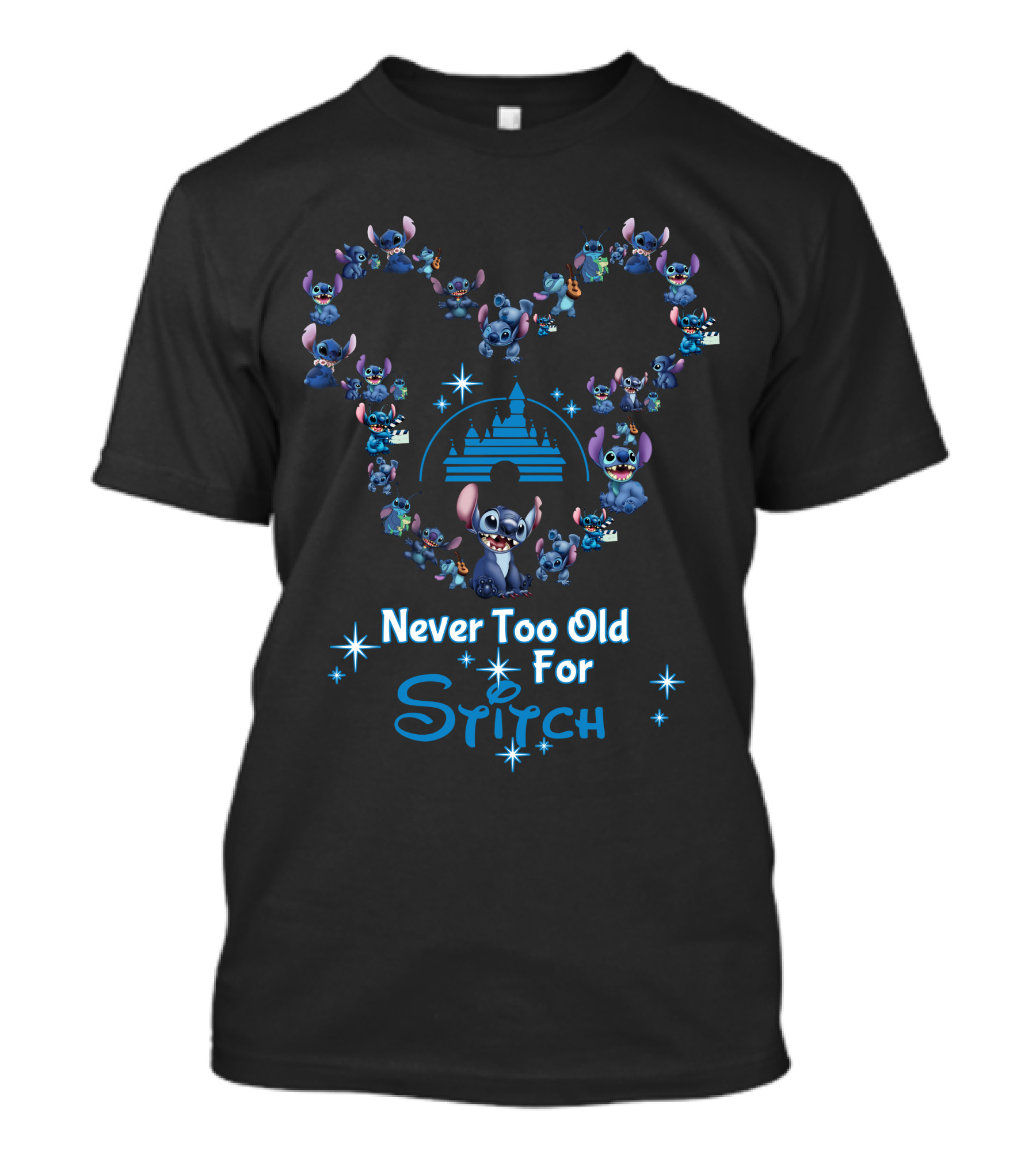 Never Too Old For Stitch Disney Castle Heart Shape T-Shirt